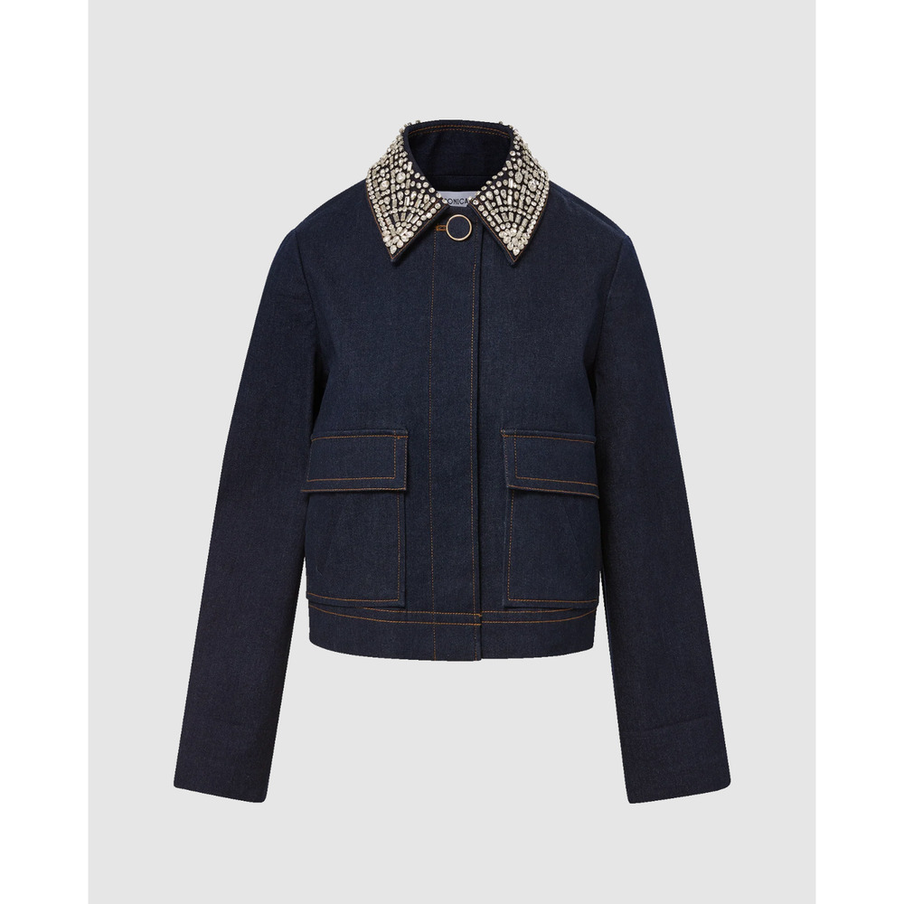 Veronica Beard Barrington Denim Blue Embellished-Collar Cropped Jacket US 8